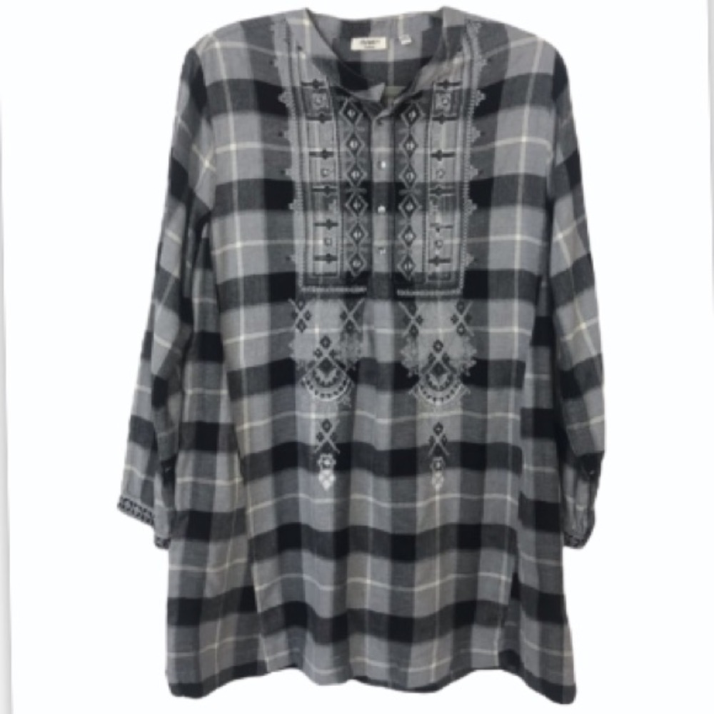DYLAN Women’s Embroidered Tunic Long Sleeve Plaid Black Gray White